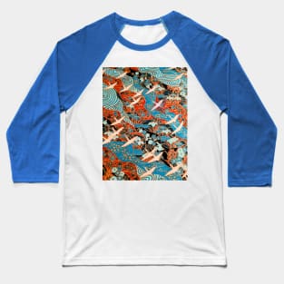 FLYING WHITE CRANES ON BLUE WATERS AND SPRING FLOWERS Red Teal Japanese Floral Baseball T-Shirt